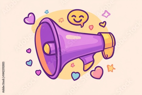 Obraz na płótnie Cute purple megaphone with hearts and smile, announcing good news. w salonie