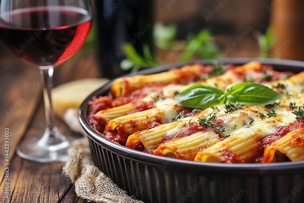 Baked pasta tubes with meat sauce, mozzarella, and basil, served with red wine.