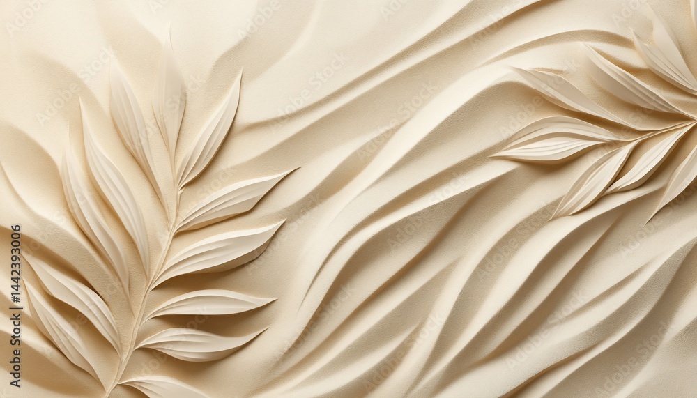 Beige textured background with embossed leaf patterns.