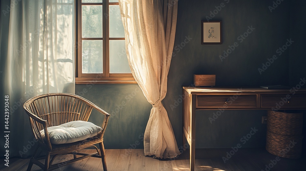 Sunlight streams through sheer curtains illuminating a rustic wooden chair and desk in a room with teal walls.