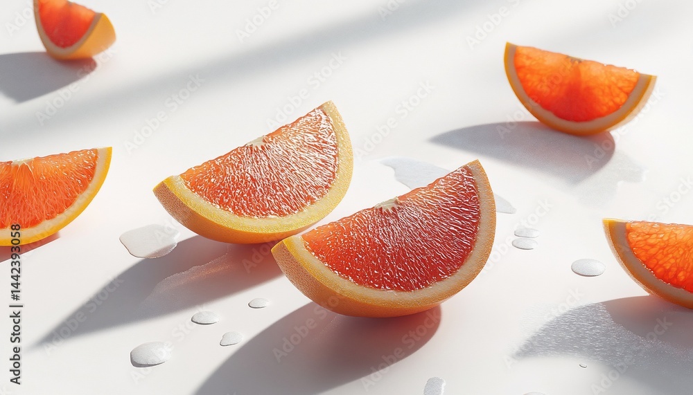 Juicy grapefruit slices scattered on white background with sunlight and droplets.