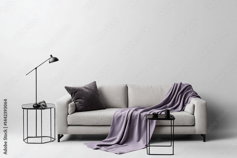 Minimalist living room interior with beige sofa, purple throw, and side tables against a white wall.