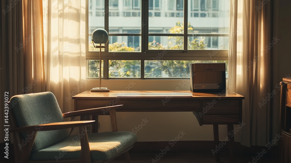 Sunlit room with mid-century modern desk, chair, and window view.