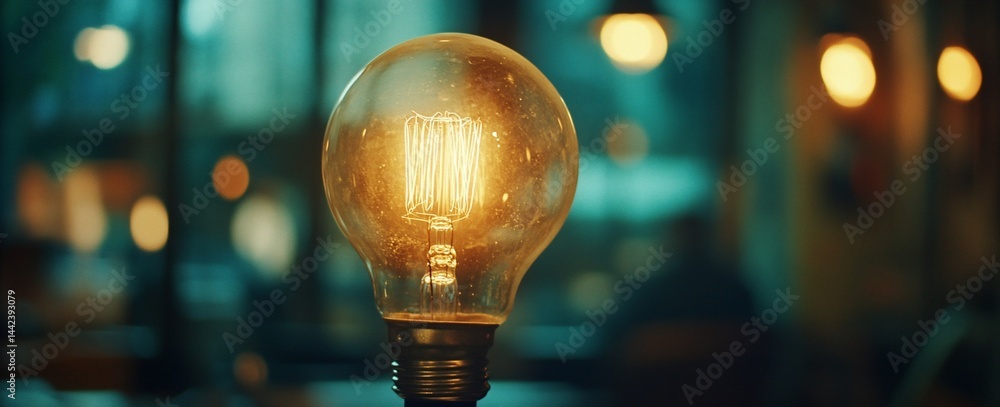 Glowing vintage light bulb on table, bokeh background.