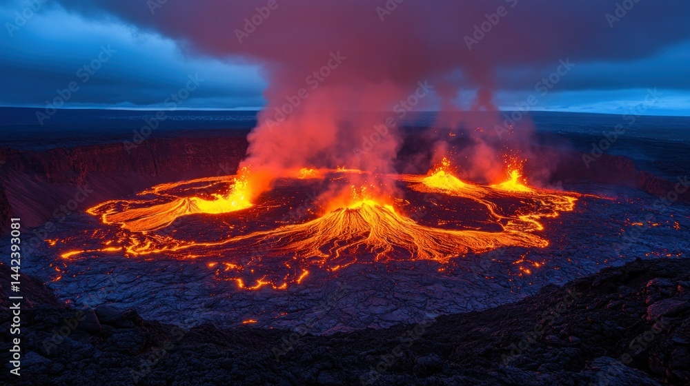 An active volcano erupting with molten lava at dusk An active volcano erupting with molten lava at dusk