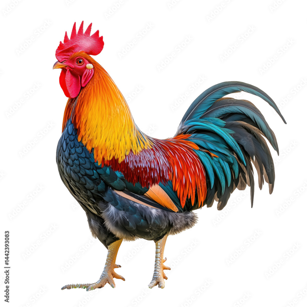 Fototapeta premium Colorful rooster side view, vivid feathers, isolated on transparent background, cut out, no shadow, standing proudly 