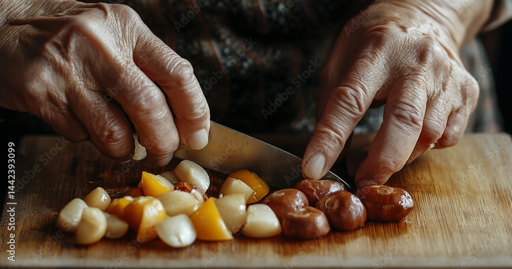 Close-up of elderly hands chopping various fruits and vegetables on a wooden board.