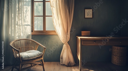 Obraz na płótnie Sunlight streams through sheer curtains illuminating a rustic wooden chair and desk in a room with teal walls. w salonie