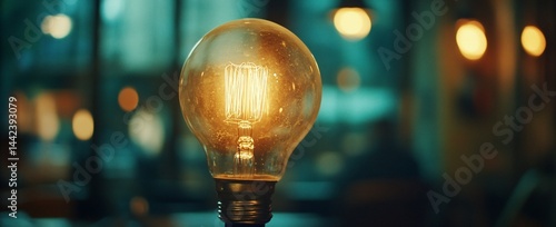 Obraz na płótnie Glowing vintage light bulb on table, bokeh background. w salonie