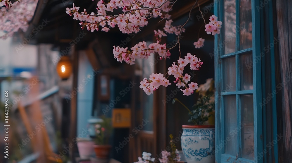 Pink cherry blossoms frame a quaint blue window of a rustic building.