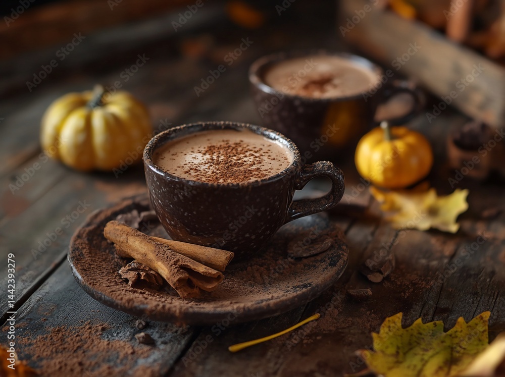 Two mugs of hot chocolate with cocoa powder, cinnamon sticks, and mini pumpkins on a rustic wooden table.