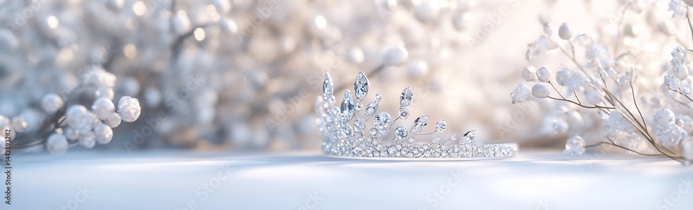 Sparkling tiara rests on white surface amidst blurred winter flora.