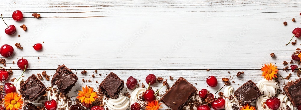 Delicious chocolate brownies with cherries and meringue on white wooden background.