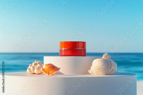 Red jar of cream on white platform with seashells against ocean background.