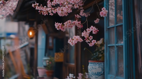 Obraz na płótnie Pink cherry blossoms frame a quaint blue window of a rustic building. w salonie