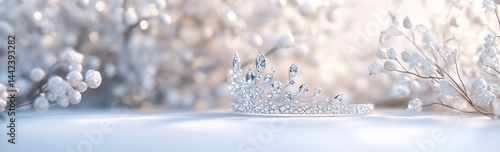 Obraz na płótnie Sparkling tiara rests on white surface amidst blurred winter flora. w salonie