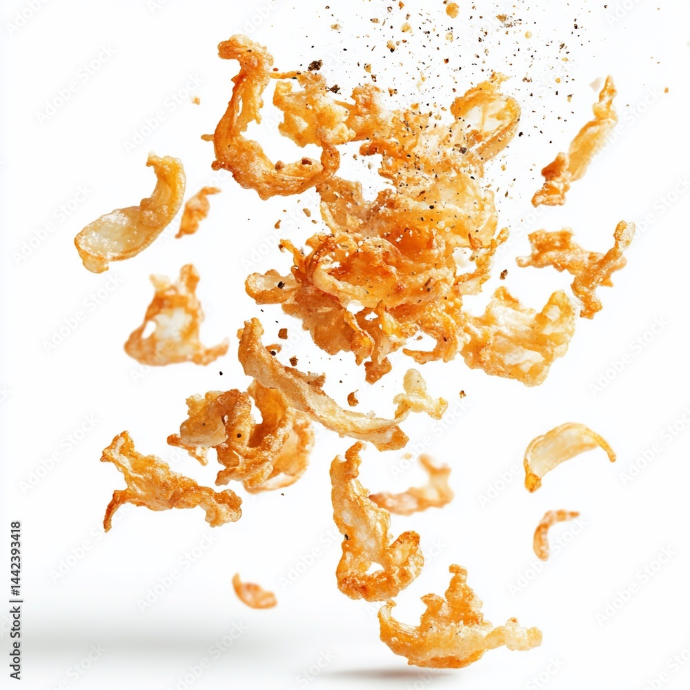 Crispy fried onion rings falling against white background, seasoned with pepper.