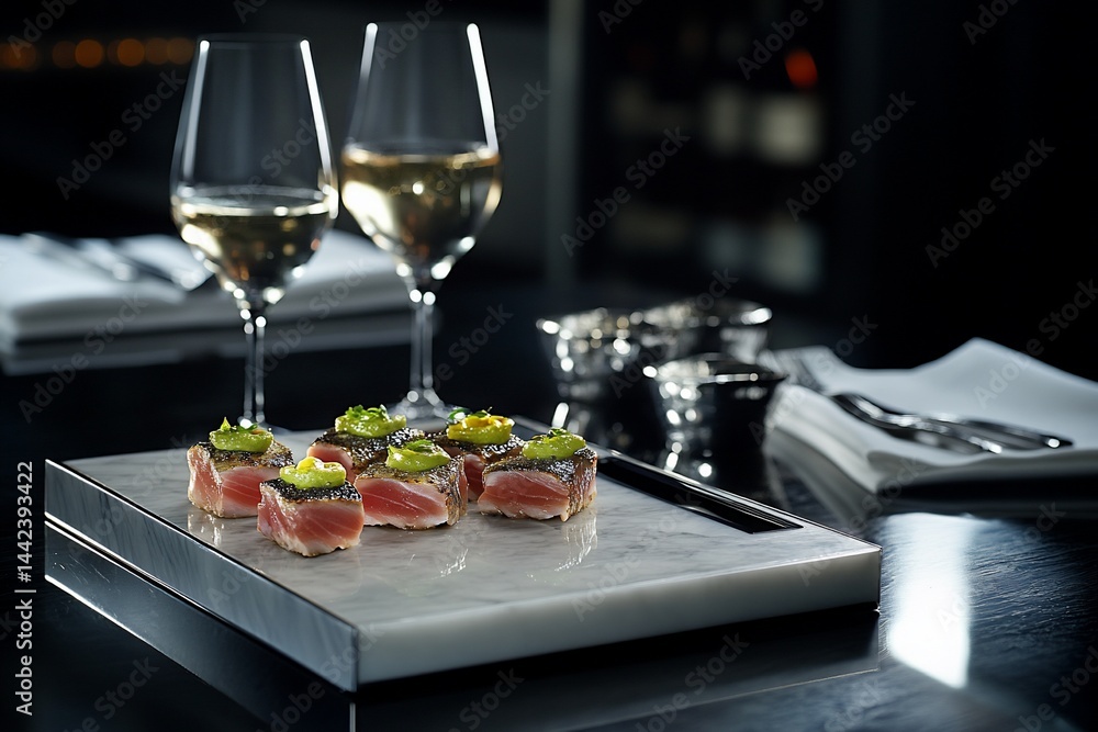 Gourmet tuna appetizer served on a marble tray with two glasses of white wine.