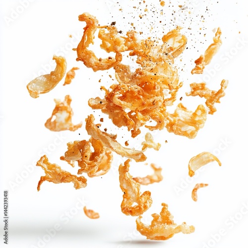 Obraz na płótnie Crispy fried onion rings falling against white background, seasoned with pepper. w salonie