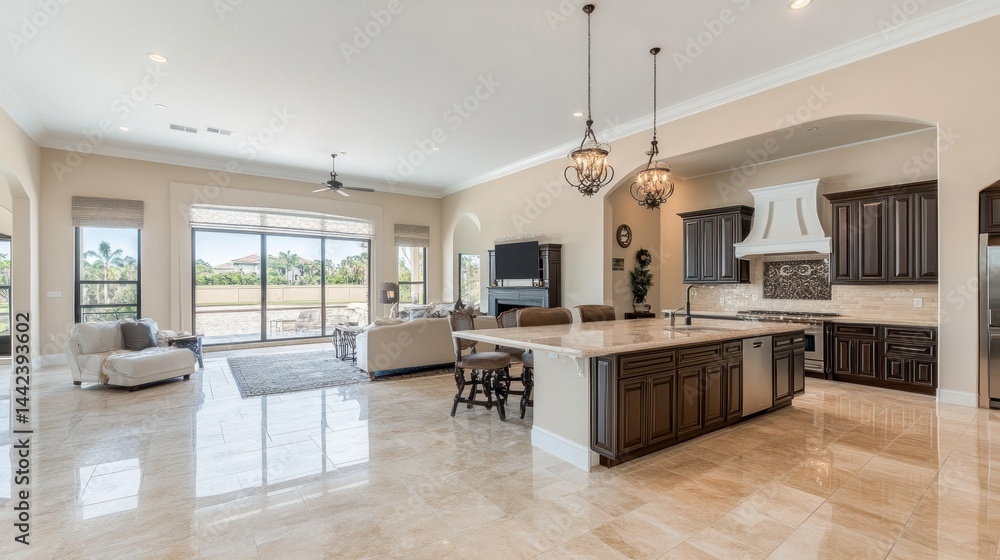 Fototapeta premium Elegant open concept home interior with a modern kitchen and living space