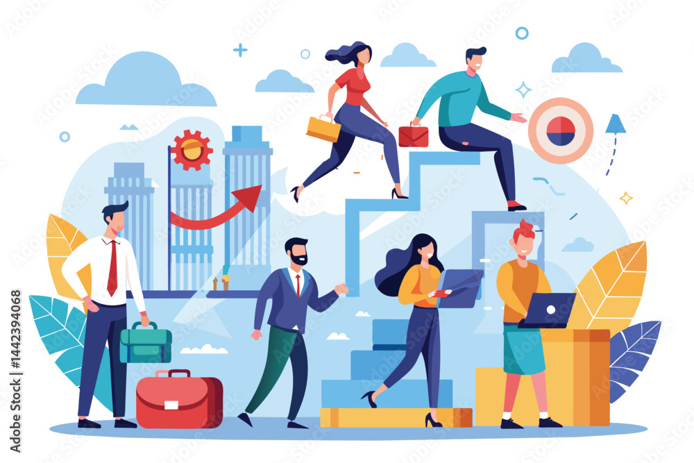 Illustration of diverse professionals collaborating and advancing in a business setting, symbolizing growth and achievement. Vibrant colors represent motivation and teamwork in a business environment. Illustration of diverse professionals collaborating and advancing in a business setting, symbolizing growth and achievement. Vibrant colors represent motivation and teamwork in a business environment.