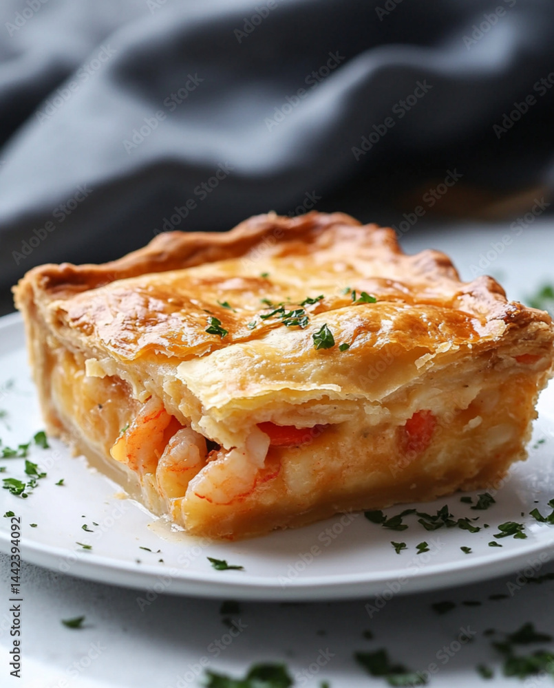 Florida Shrimp Pie, Close-up Shot right view, served on a white plate, background of kitchen, very tasty, delicious, homemade Florida Shrimp Pie, Close-up Shot right view, served on a white plate, background of kitchen, very tasty, delicious, homemade