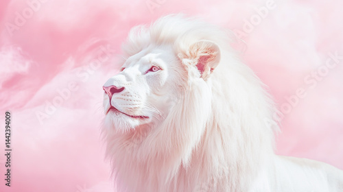 Regal white lion with a flowing mane stands noble against a dreamy pink backdrop