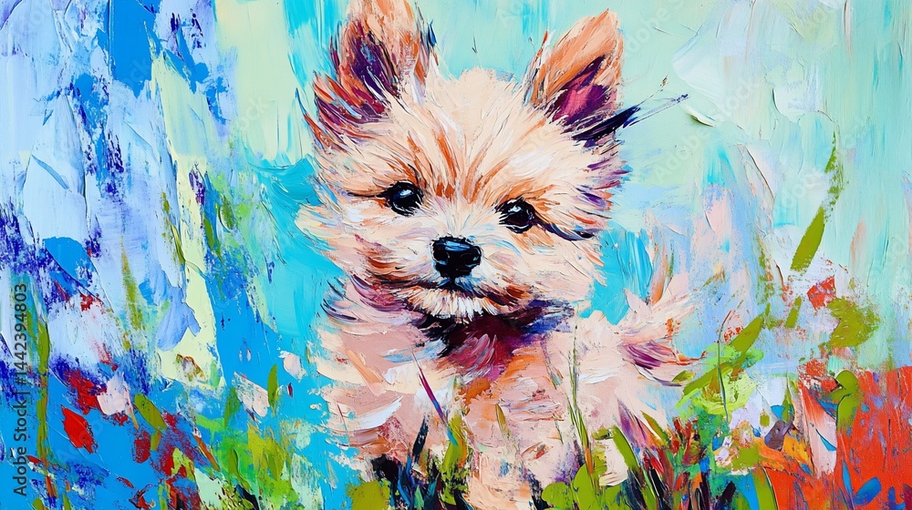 Playful puppy portrait in vibrant, impressionistic style.