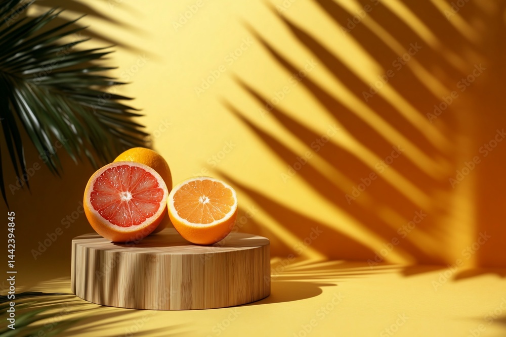 Halved grapefruit, orange, and whole orange on wooden stand against yellow background with palm leaf shadows.