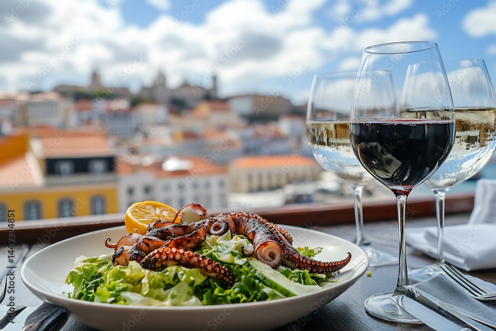 Grilled octopus salad with wine overlooking a city.