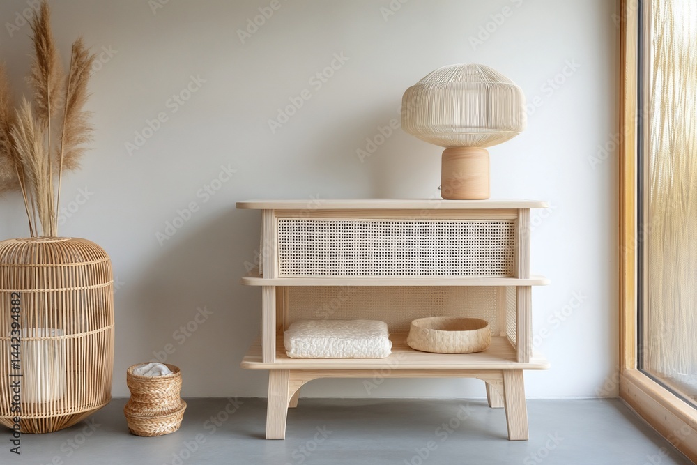 Minimalist light wood cabinet with lamp, pampas grass, and woven baskets in a bright room.