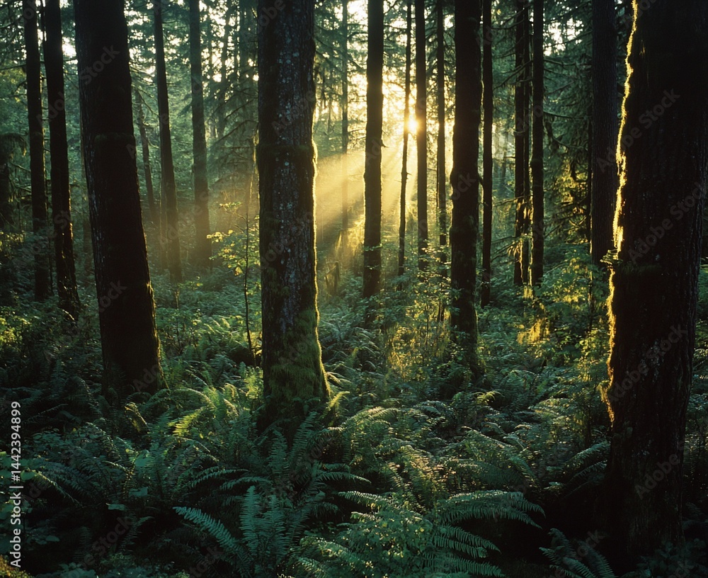 Sun rays illuminate a lush, mossy forest at sunrise, highlighting ferns and tall trees.