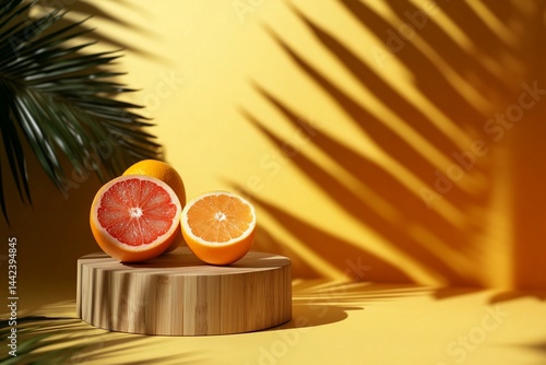 Obraz na płótnie Halved grapefruit, orange, and whole orange on wooden stand against yellow background with palm leaf shadows. w salonie