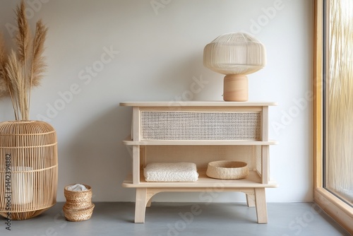 Obraz na płótnie Minimalist light wood cabinet with lamp, pampas grass, and woven baskets in a bright room. w salonie