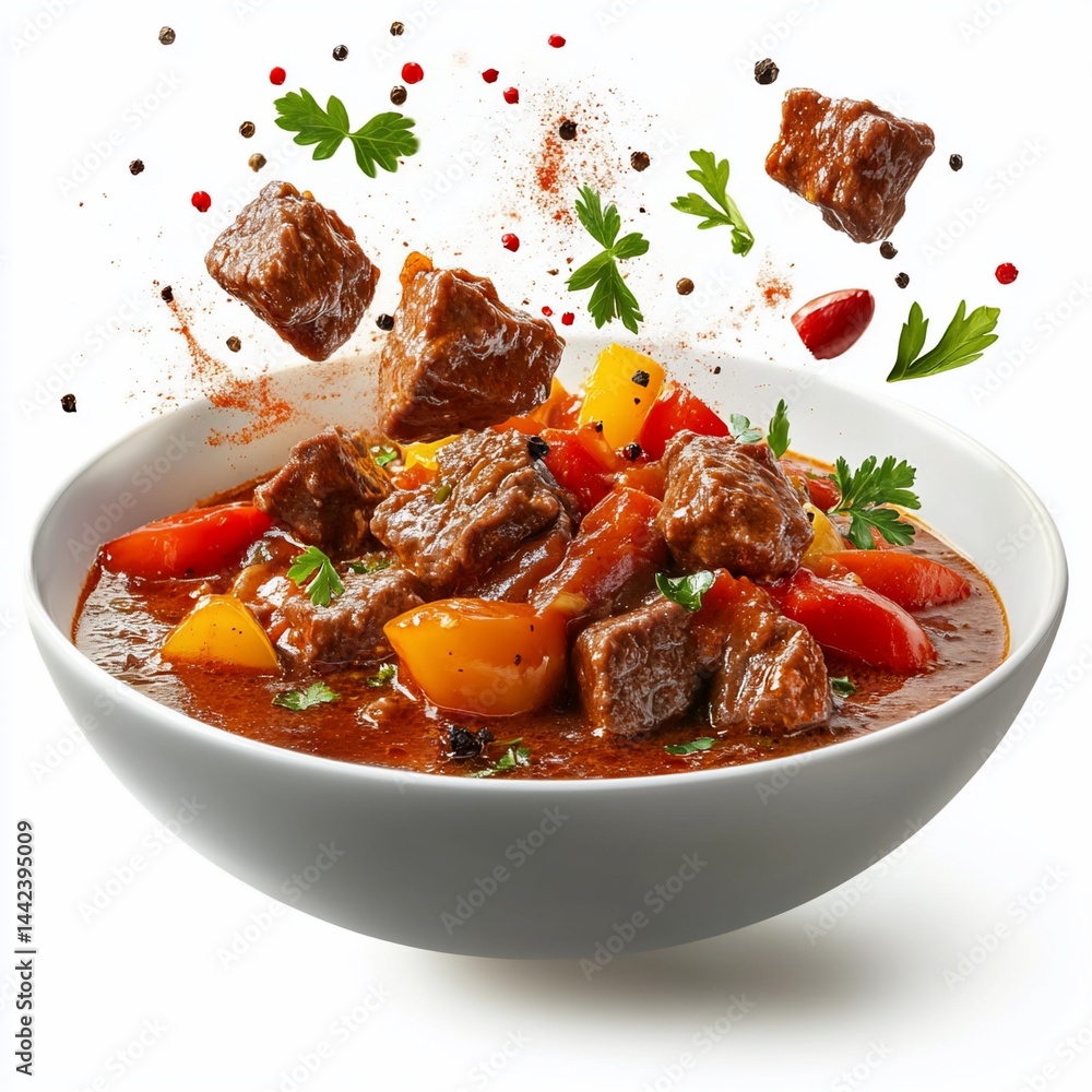 Delicious beef stew in a bowl with vegetables and spices in mid-air.