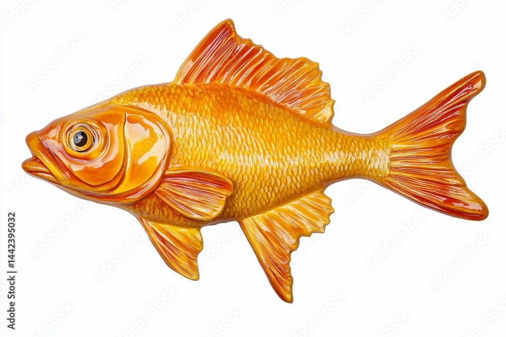 Ornate orange fish figurine isolated on white background.