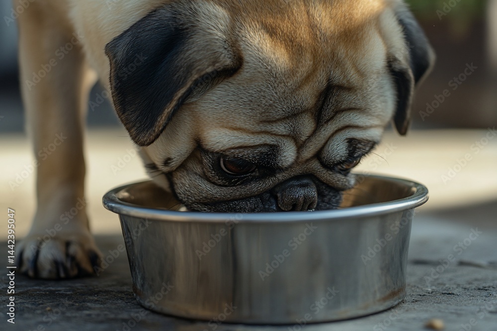 Close-up of a fawn pug dog eating from a stainless steel bowl outdoors on a sunny day.