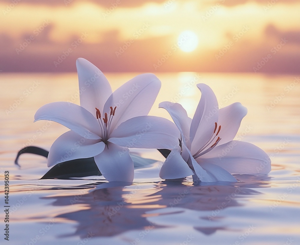 Two white lilies float on calm water at sunset.