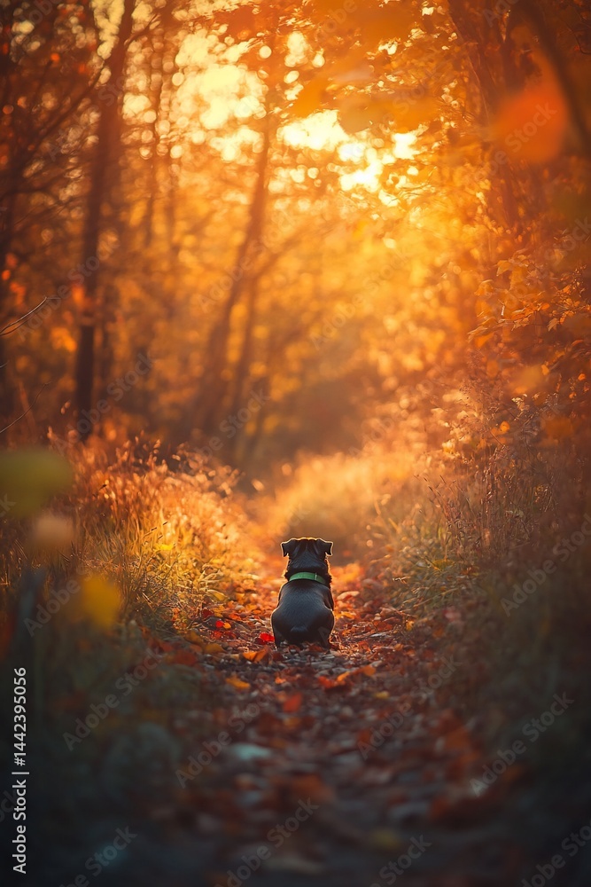 Small black dog sitting on autumn leaves path in a forest at sunset.