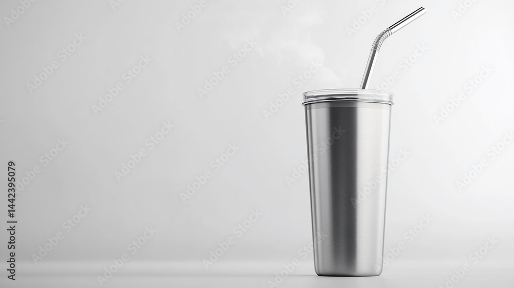 Stainless steel tumbler with a reusable metal straw, steaming hot beverage inside, on a white background.