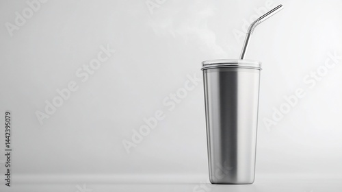 Obraz na płótnie Stainless steel tumbler with a reusable metal straw, steaming hot beverage inside, on a white background. w salonie