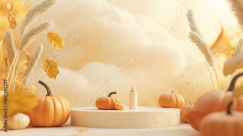 Autumnal scene with pumpkins, pampas grass, and a product display stand.