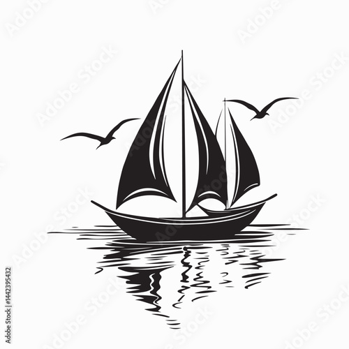 Traditional Dhow Boats Floating on calm water vector Isolated on white background.