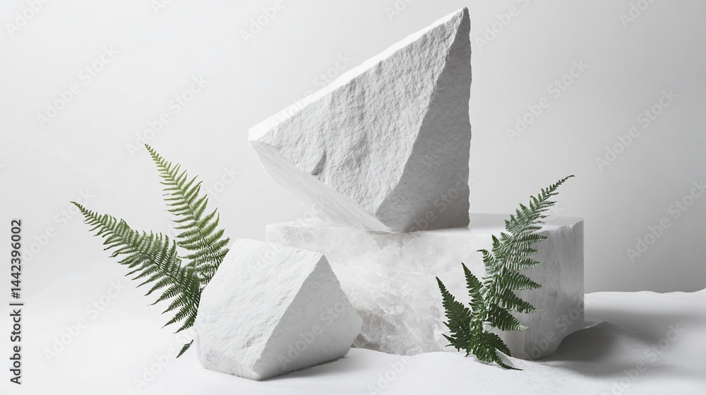 White stone shapes and green fern leaves on white background.