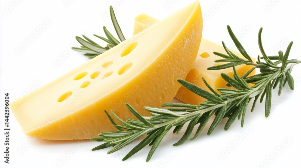 Two slices of cheese with rosemary sprigs on white background.