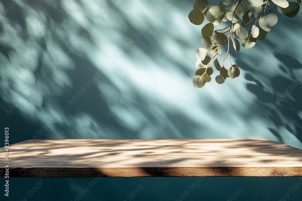 Wooden table with eucalyptus branch and sunlight shadows on teal wall.