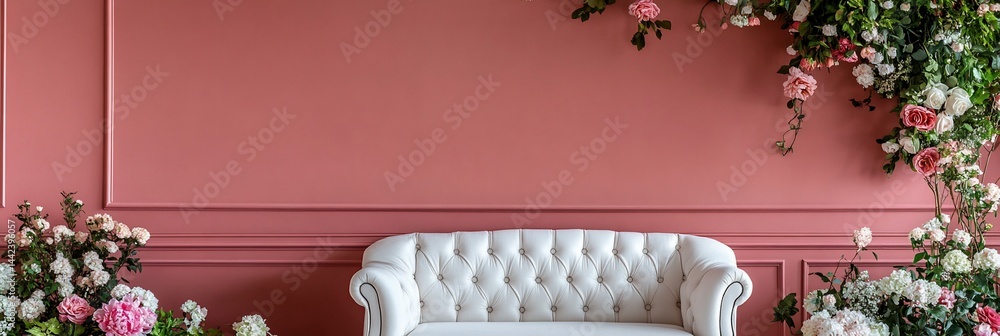 White tufted sofa against a dusty rose wall adorned with floral arrangements.