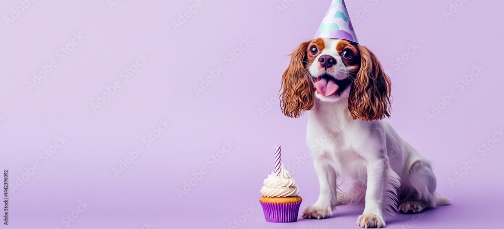 Happy Cavalier King Charles Spaniel puppy wearing a party hat with a cupcake.