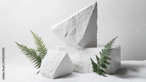 Obraz na płótnie White stone shapes and green fern leaves on white background. w salonie