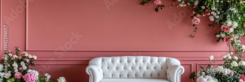 Obraz na płótnie White tufted sofa against a dusty rose wall adorned with floral arrangements. w salonie